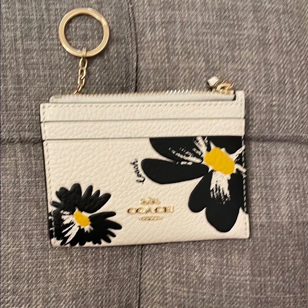 Coach Cream and Black Key Card Holder Floral Design